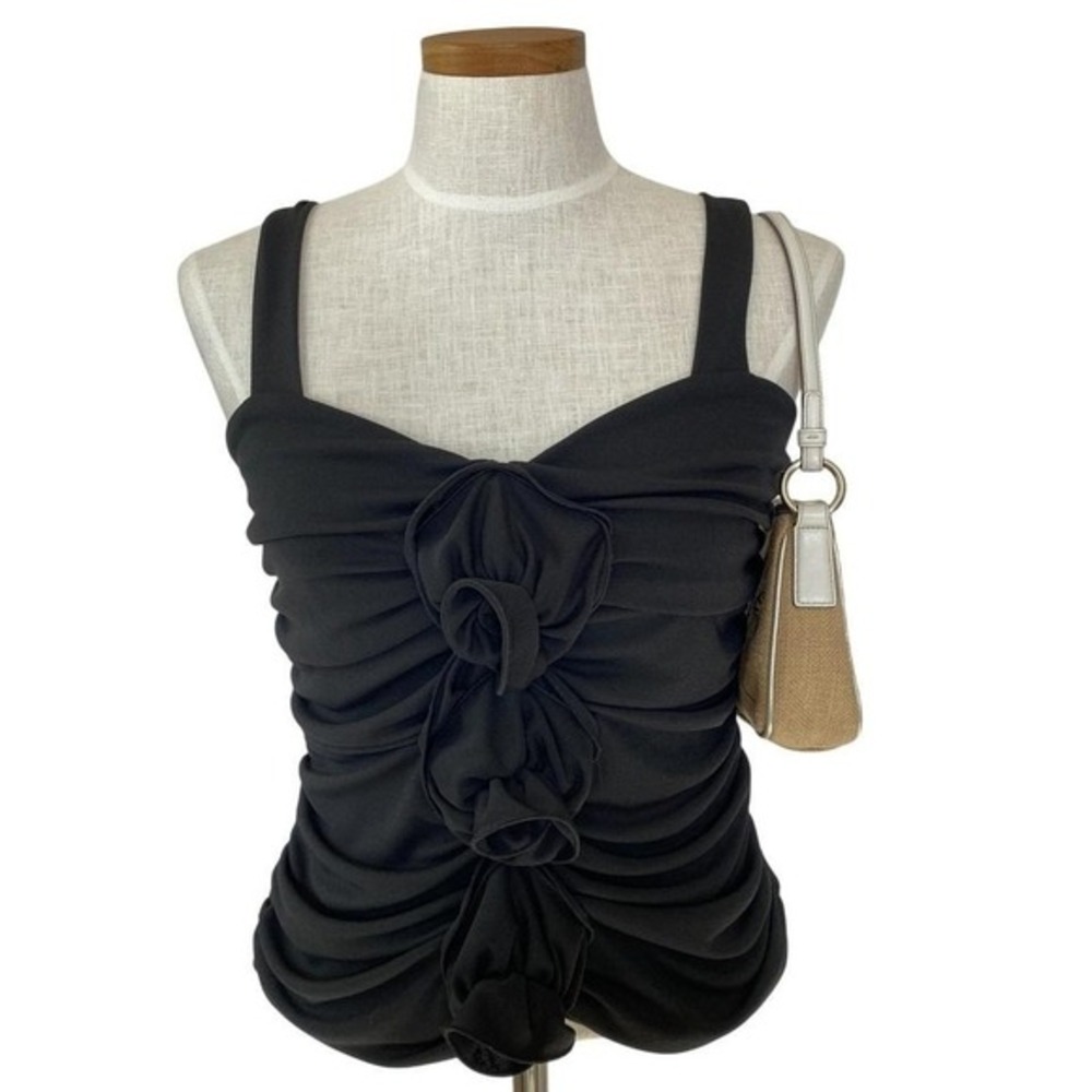 Y2K Ruffle Ruched Sleeveless BlouseTop Women 12 Black Bella Sweetheart Neckline